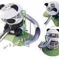 Cute Panda Shaped Garden Ornament With Net Structure Slide Green Lawn And Wooden Blocks