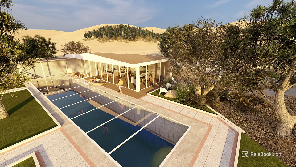 Modern Boutique Hotel Building In Desert With Large Glass Windows Swimming Pool And Greenery 3d model 