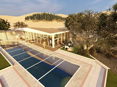 Modern Boutique Hotel Building In Desert With Large Glass Windows Swimming Pool And Greenery 3d model