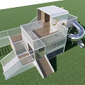 Modern Kids Playground Equipment with Slide Climbing Net and Wooden Elements on Grass