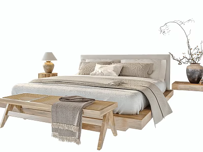 Modern Double Bed with Wooden Frame Beige Bedding Bedside Lamp End Bench and Vase 3d model