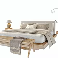 Modern Double Bed with Wooden Frame Beige Bedding Bedside Lamp End Bench and Vase