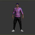 Male Character In Pink Plaid Shirt Black Pants With Purple Headscarf Sunglasses And Gray Background