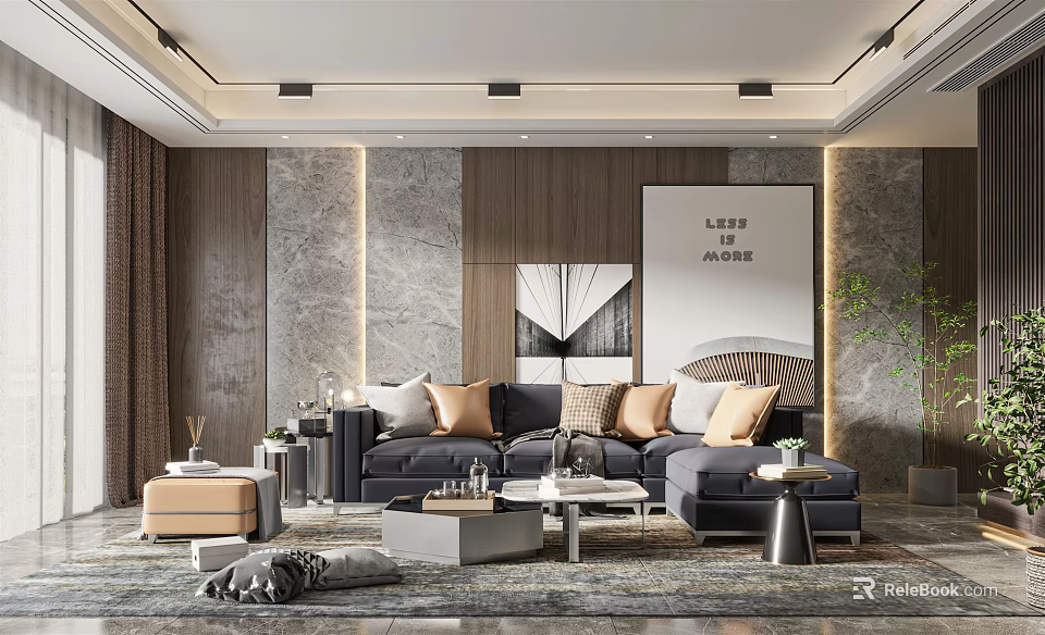 Modern Elegant Living Room Interior With Gray Sofa Wooden Wall Panels And Decorative Art 3d model 