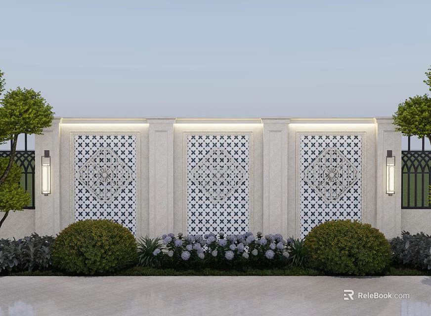 Outdoor Modern Feature Wall With Laser Cut Patterns Wall Sconces And Green Shrubs 3d model 