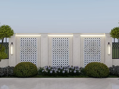 Outdoor Modern Feature Wall With Laser Cut Patterns Wall Sconces And Green Shrubs 3d model