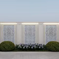 Outdoor Modern Feature Wall With Laser Cut Patterns Wall Sconces And Green Shrubs 3d model