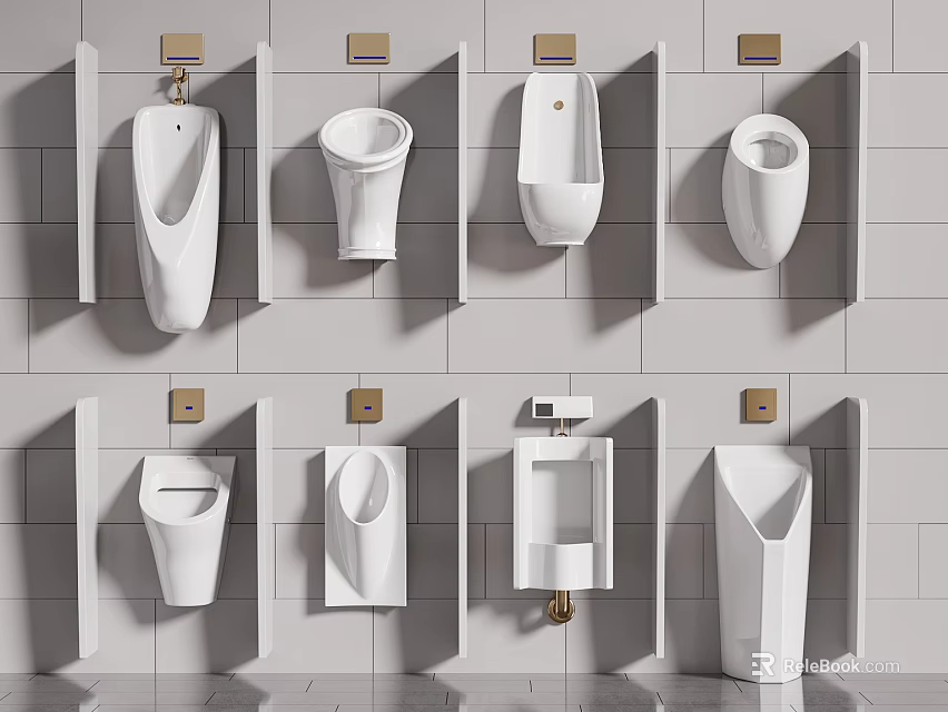 Various Modern Urinal Designs Displayed On White Tiled Wall In Bathroom 3d model 