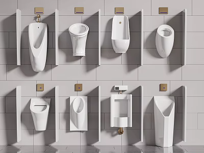 Various Modern Urinal Designs Displayed On White Tiled Wall In Bathroom 3d model