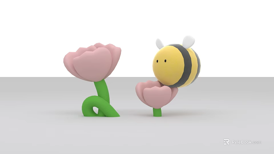 Cute Inflatable Bee And Pink Flower Models With Green Stems 3d model 