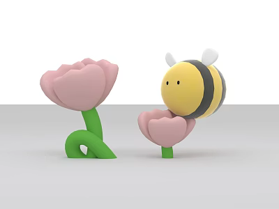 Cute Inflatable Bee And Pink Flower Models With Green Stems 3d model