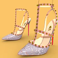 Stylish High Heels With Crisscross Studded Straps Cracked Pattern And Red Heels