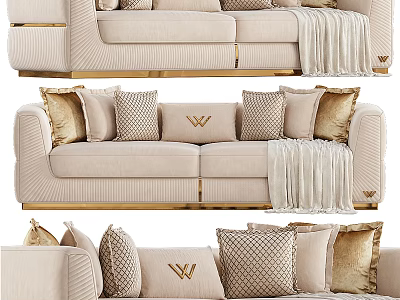 Elegant Beige Two Seater Sofa With Decorative Pillows And Knit Blanket 3d model