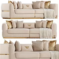 Elegant Beige Two Seater Sofa With Decorative Pillows And Knit Blanket