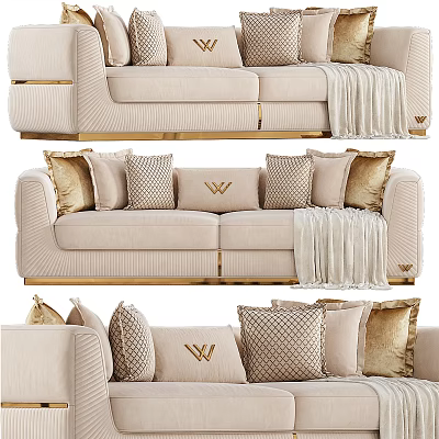 Elegant Beige Two Seater Sofa With Decorative Pillows And Knit Blanket 3d model