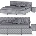 Modern Upholstered Bed With Beige Mattress Plush Pillows And Marble Nightstand