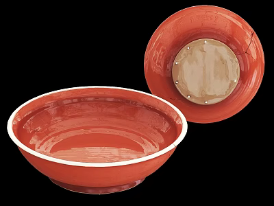 Red Ceramic Bowls With White Rim And Metal Rivets On Back View 3d model