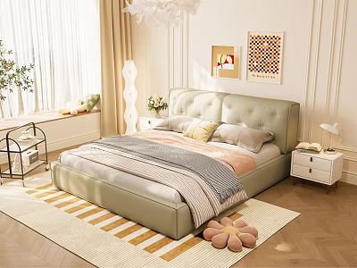 Light Green Upholstered Double Bed With Gray Pink Bedding Striped Rug And Decorative Paintings 3d model