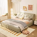 Light Green Upholstered Double Bed With Gray Pink Bedding Striped Rug And Decorative Paintings