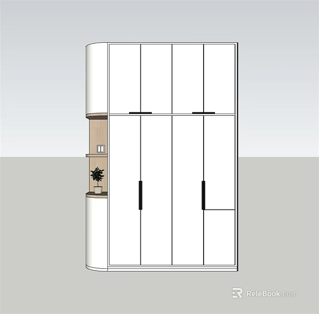 Modern White Wardrobe With Multiple Doors And Side Shelf Featuring Small Plant 3d model