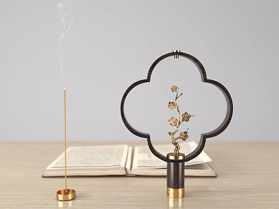 Decorative Ornament Set With Clover Frame Golden Flower Branch Incense Stick Open Book Wood Table 3d model