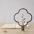 Decorative Ornament Set With Clover Frame Golden Flower Branch Incense Stick Open Book Wood Table