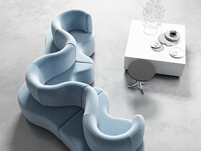 Light Blue Irregular Sofa In Modern Living Room With White Side Table And Stool 3d model
