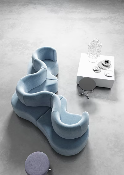 Light Blue Irregular Sofa In Modern Living Room With White Side Table And Stool 3d model