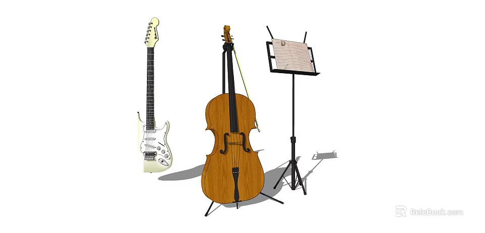Musical Instruments Collection Featuring Electric Guitar Cello Music Stand And Sheet Music 3d model 