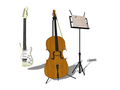 Musical Instruments Collection Featuring Electric Guitar Cello Music Stand And Sheet Music 3d model