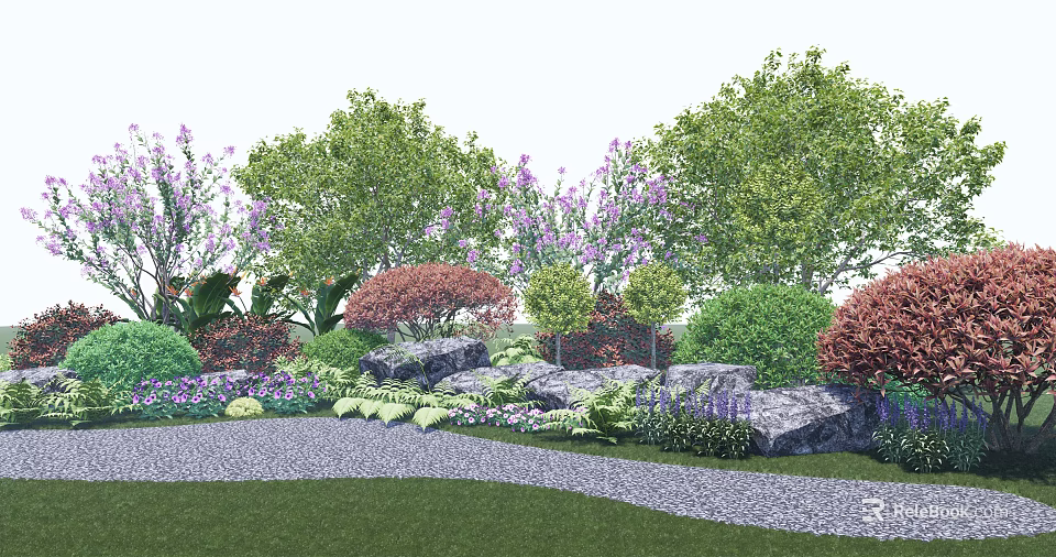 Beautiful Garden Landscape With Colorful Shrubs Purple Flowers Red Foliage Stones And Gravel Path 3d model 