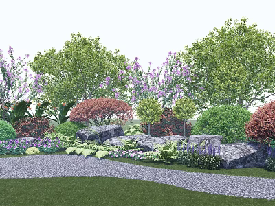 Beautiful Garden Landscape With Colorful Shrubs Purple Flowers Red Foliage Stones And Gravel Path 3d model