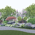 Beautiful Garden Landscape With Colorful Shrubs Purple Flowers Red Foliage Stones And Gravel Path