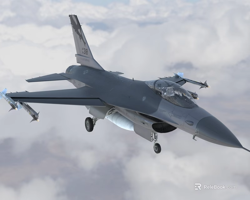 Two Seater Fighter Jet Flying In Cloudy Sky With Mounted Weapons And Extended Landing Gear 3d model 