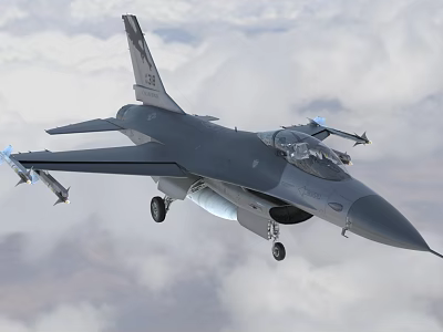Two Seater Fighter Jet Flying In Cloudy Sky With Mounted Weapons And Extended Landing Gear 3d model