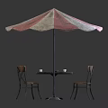 Outdoor Patio Furniture Set With Round Wooden Table Chairs And Red White Striped Umbrella