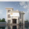 Elegant White Detached Villa with Balcony Large Windows and Water Reflection