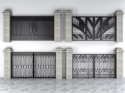 Entrance Gates With Stone Pillars And Modern Metal Geometric Patterns 3d model