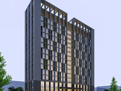 Modern Hotel Building Exterior Design With Glass Curtain Wall And Linear Structure 3d model