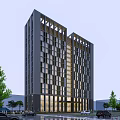 Modern Hotel Building Exterior Design With Glass Curtain Wall And Linear Structure