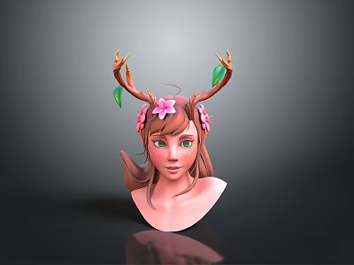 3D Woman Head Sculpture With Deer Antlers Pink Flowers And Green Leaves 3d model