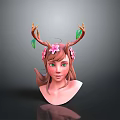 3D Woman Head Sculpture With Deer Antlers Pink Flowers And Green Leaves
