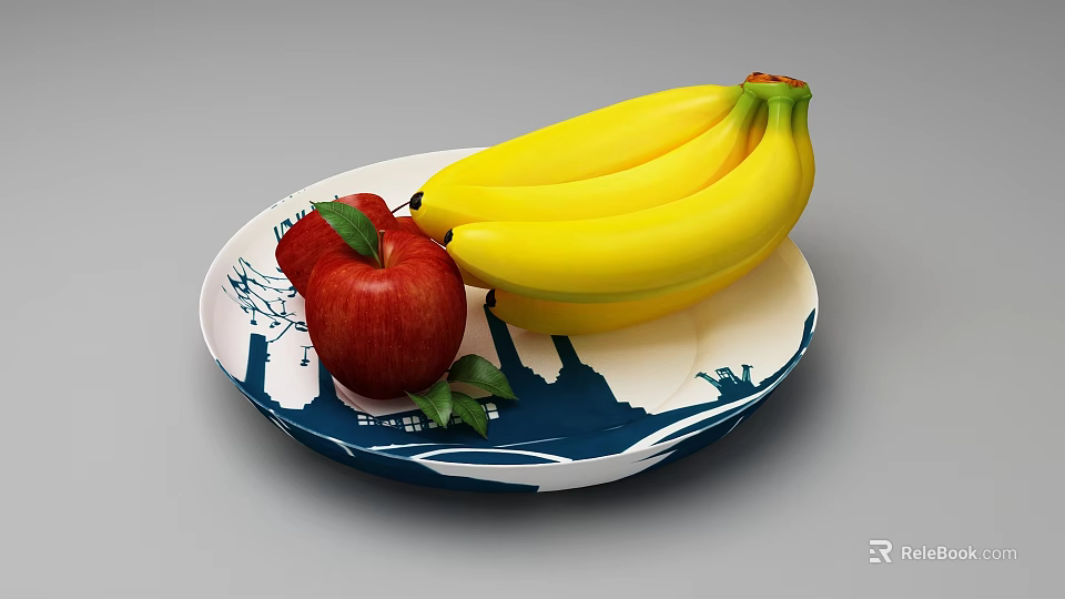 Ceramic Plate With Blue And White Pattern Holding Red Apple And Bananas 3d model 