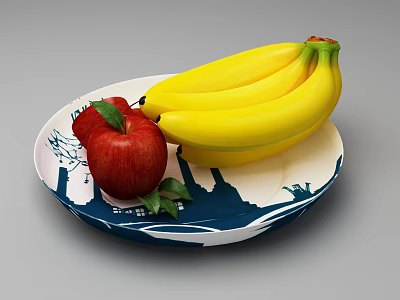 Ceramic Plate With Blue And White Pattern Holding Red Apple And Bananas 3d model