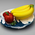 Ceramic Plate With Blue And White Pattern Holding Red Apple And Bananas