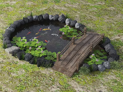 Circular Water Fountain Feature With Stone Border Koi Fish Water Lilies And Wooden Bridge 3d model