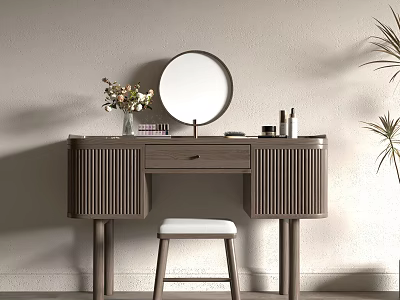 Wooden Dressing Table with Round Mirror Vertical Slat Design White Cushioned Stool and Flower Vase 3d model