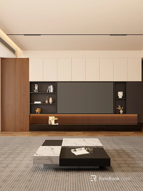 Modern TV Wall Design With Large Screen White Dark Cabinets And Wooden Shelves 3d model 