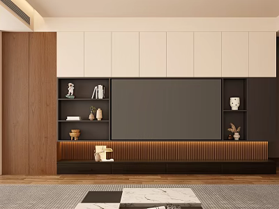 Modern TV Wall Design With Large Screen White Dark Cabinets And Wooden Shelves 3d model
