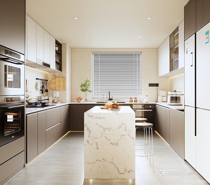 Modern Open Kitchen Interior Design With Marble Island Counter Cabinets And Appliances 3d model 